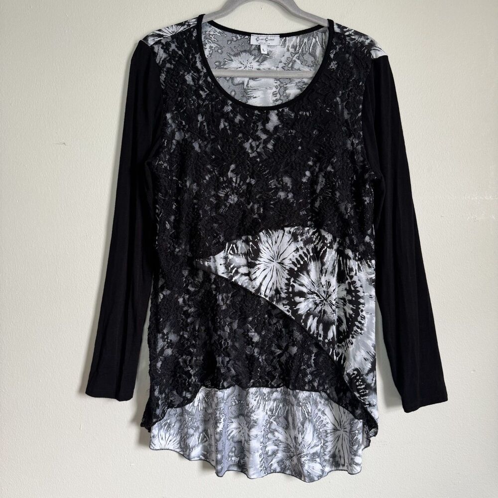 VTG CoverCharge Black White Tie Dye Asymmetric Tunic Large WhimsiGoth Boho Lace